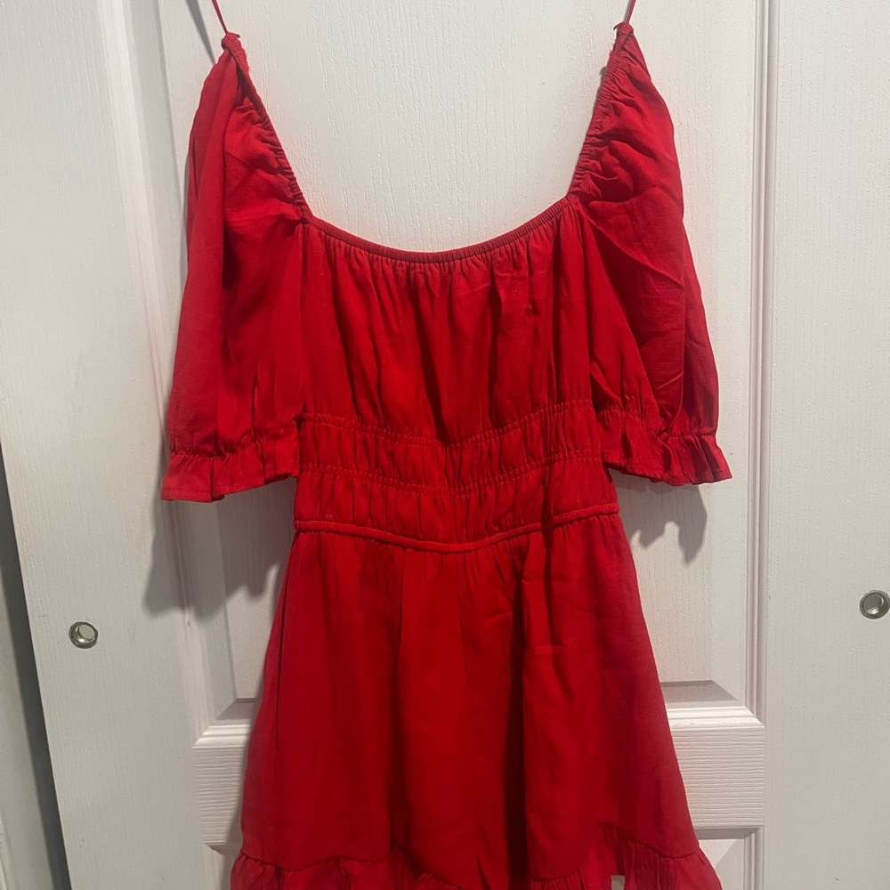 Blue Rain Red Off-Shoulder Ruffle Romper Dress | XS | Summer Mini